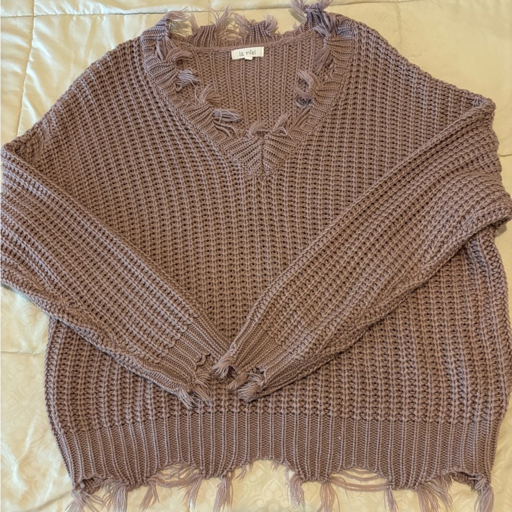 Distressed V-Neck Sweater - Mauve